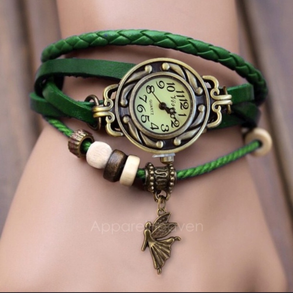 🍀Green Weave Wrap Faux  Leather Angel Bracelet 🍀